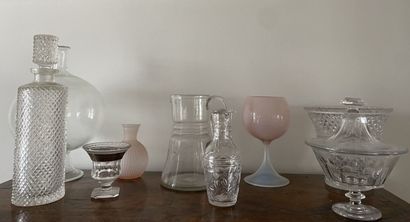 null Set of mismatched glassware including vases, carafes, bonbonnière, opaline glass,...