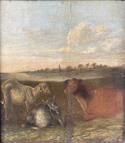 null École du XVIIIe siècle 
Vache et brebis
Huile sur panneau 
26 x 23 cm 
(Panneau...