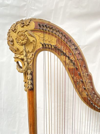 null Stained wood stock HARP with painted decoration of animated landscapes, chinoiseries,...