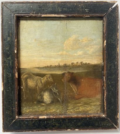 null 18th century school 
Cow and sheep
Oil on panel 
26 x 23 cm 
(Panel cracked...