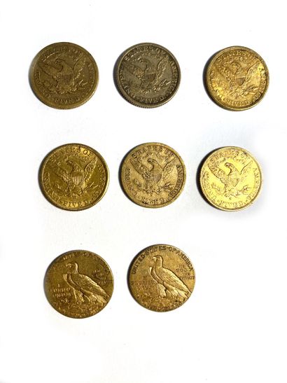 null USA, Eight $5 gold coins, 1879, 1882, 1883, 1906, 1910, 1911. 
Total weight:...