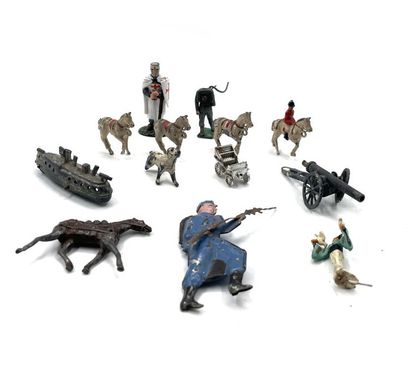 null TOY SET including metal figurines, soldier, ship, cannon, horses. 