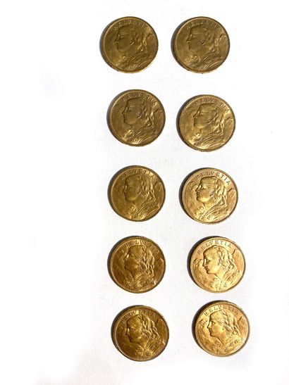 SWITZERLAND, Ten 20 Swiss franc gold coins,...