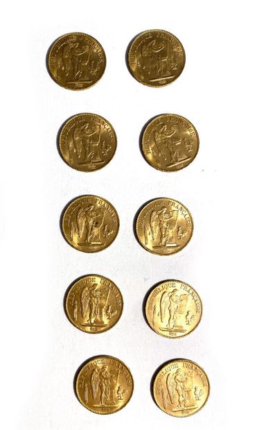 null FRANCE, Dix pièces en or de 20 francs, 1895. 
Poids total : 64,5 g. 

Frais...