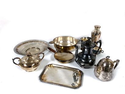 null Set of mismatched silver-plated flatware including teapots, ear bowl, shaker,...