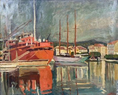null Modern school 
View of a port 
Oil on canvas, signed lower right 
50 x 61 cm...