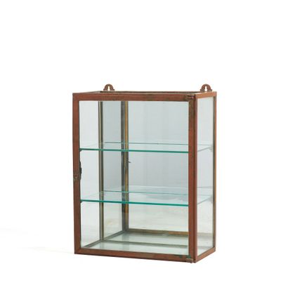 null SMALL brass wall-mounted WINDOW opening to a glass door over two shelves, the...