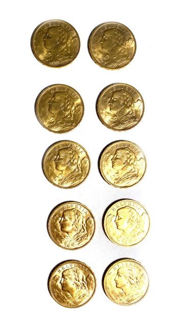 null SUISSE, Dix pièces en or de 20 francs suisse, 1916. 
Poids total : 64,5 g 

Frais...