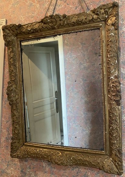 null Rectangular wood and gilded stucco MIRROR with carved interlacing, acanthus...