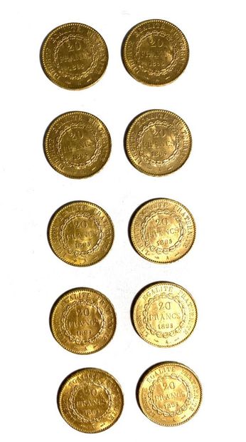 FRANCE, Ten twenty-franc gold coins, 1895....