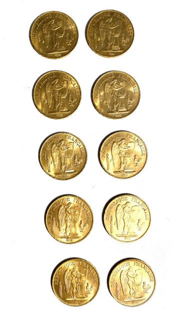 null FRANCE, Ten 20-franc gold coins, 1895 and 1875.
Total weight: 65.5 g. 

Sales...