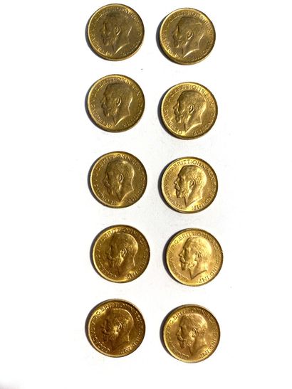 null ENGLAND, Ten gold sovereigns, George V, 1919. 
Total weight: 79.9 g

Sales charge:...