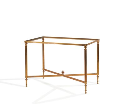 null LOW TABLE STRUCTURE in brass with X brace. 
20th century 
45 x 62 x 40 cm 
Missing...
