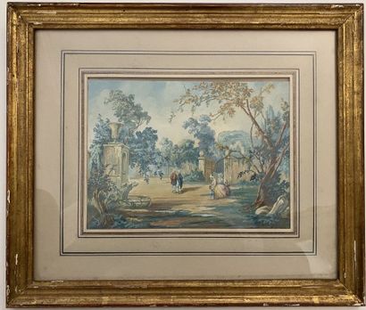 null French school of the 18th century 
Lively scene in a garden
Watercolor and gouache...