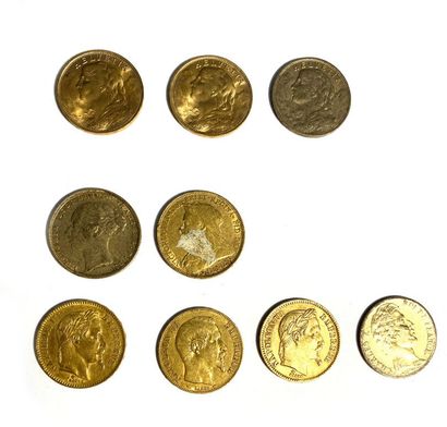 null Nine gold coins including : 
- FRANCE, Three 20 franc Napoleon coins (1854 and...