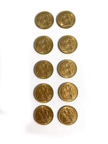 ENGLAND, Ten gold sovereigns George V, 1919....