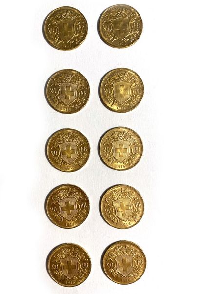 null SUISSE, Dix pièces en or de 20 francs suisse, 1916. 
Poids total : 64,57 g 

Frais...