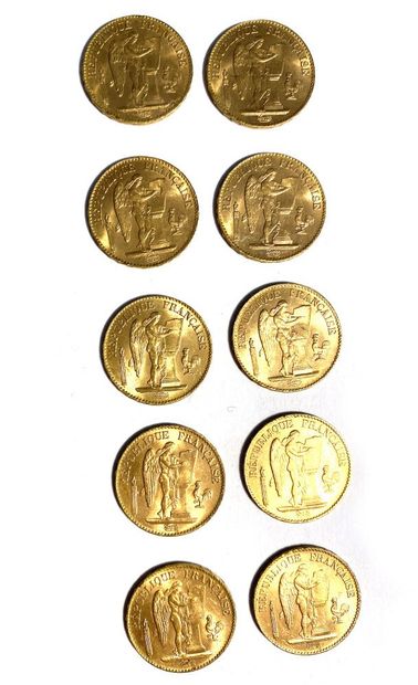 null FRANCE, Dix pièces en or de vingt francs, 1895. 
Poids total : 64,5 g. 

Frais...