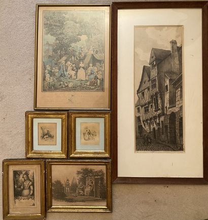 null Six framed pieces including: 
- La pucelle d'Orléans. Black engraving by A....