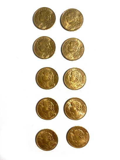 null * SUISSE, Dix pièces en or de 20 francs suisse, 1916. 
Poids total : 64,6 g...