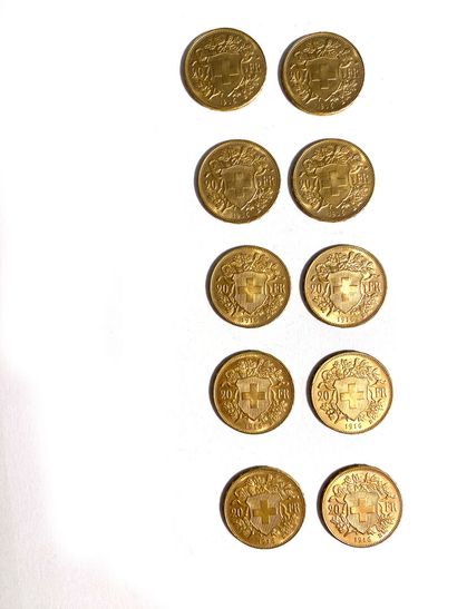 null SWITZERLAND, Ten 20 Swiss franc gold coins, 1916. 
Total weight: 64.6 g 

Sales...