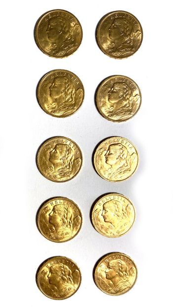 null SWITZERLAND, Ten 20 Swiss franc gold coins, 1916. 
Total weight: 64.5 g 

Sales...