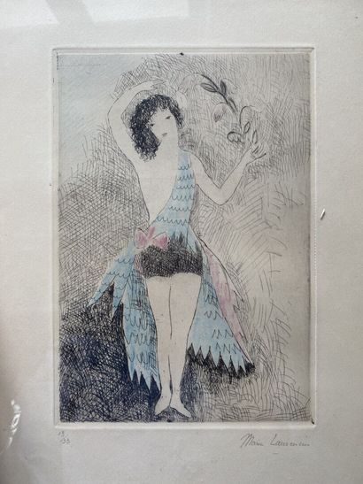 null THREE FRAMED PIECES including: 
- Marie LAURENCIN (1883-1956), Danseuse. Engraving,...