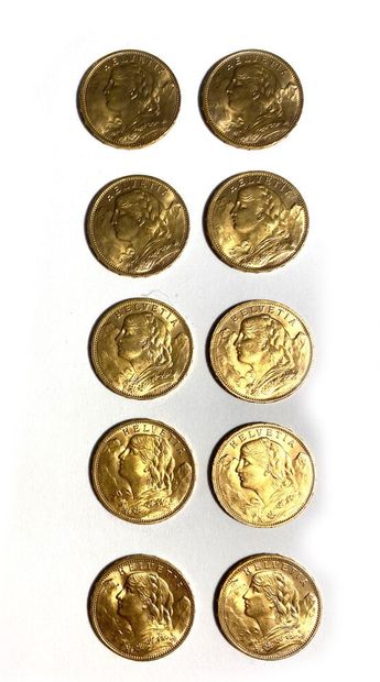 null SWITZERLAND, Ten 20 Swiss franc gold coins, 1916. 
Total weight: 64.5 g 

Sales...