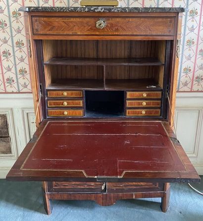 null Veneered cutaway SECRETARY with butterfly-wing marquetry in filleted frames,...