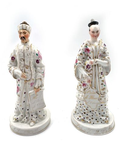 null PARIS
Pair of porcelain perfume bottles featuring a standing oriental couple...