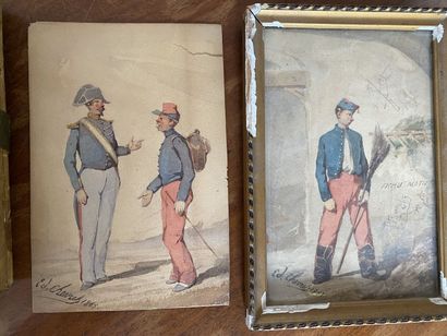 null Edmond CHEVRES (XIX) 
Deux petites gouaches sur papier figurant des hussards....