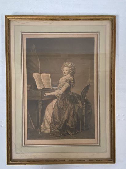null SET OF FRAMED PIECES including: 
- Two engravings of an elegant woman at the...