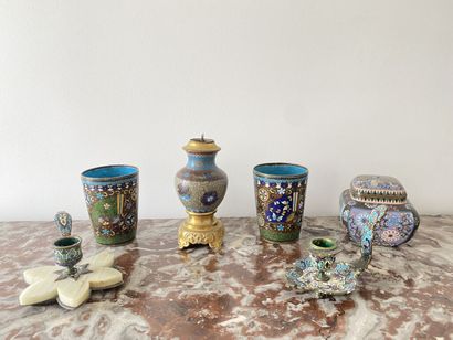 null CHINA and EAST
Set of cloisonné bronzes including two goblets, a small mounted...