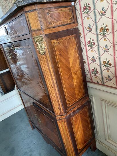 null Veneered cutaway SECRETARY with butterfly-wing marquetry in filleted frames,...
