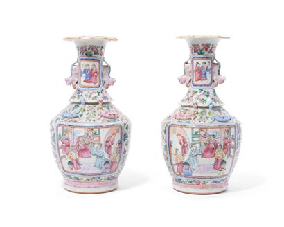 null China
Pair of baluster-shaped porcelain vases with polychrome decoration in...
