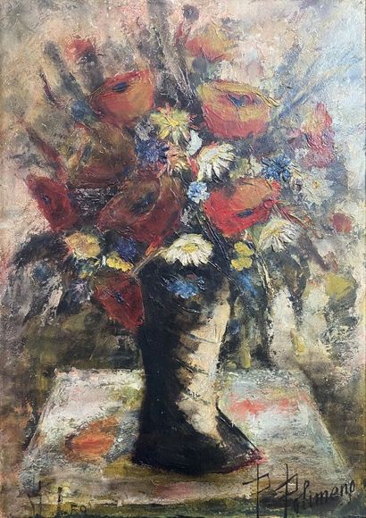 null Paolo POLIMENO (1919-2007)
Bouquet de fleurs sur un entablement
Huile sur toile,...