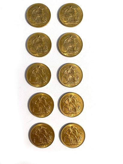 null ENGLAND, Ten gold sovereigns, George V, 1919. 
Total weight: 79.9 g

Sales charge:...