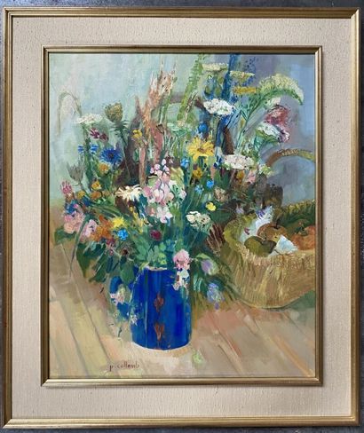 null Paul COLLOMB (1921-2010) 
Bouquet au pot bleu 
Huile sur toile, signée en bas...