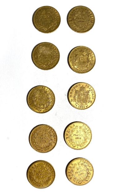 null FRANCE, Dix pièces en or de 20 francs, Napoléon, 1852, 1853, 1854, 1856, 1859,...