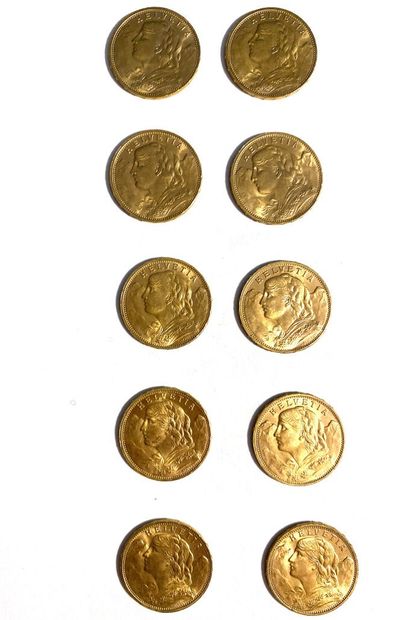 null SWITZERLAND, Ten 20 Swiss franc gold coins, 1916. 
Total weight: 64.6 g 

Sales...