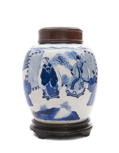 null CHINA
Porcelain ginger pot with blue underglaze decoration of a lively palace...