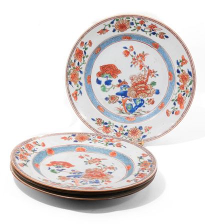 null China
Four porcelain plates with polychrome decoration of pierced rocks and...