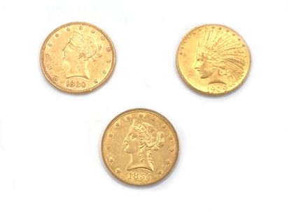 Three 10-dollar gold coins.
(Wear and te...