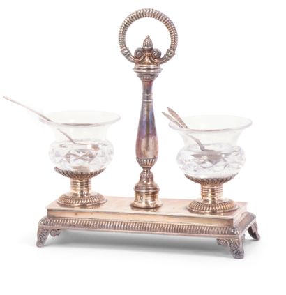 null 950 thousandth silver double saleron with gadroon decoration, the baluster shaft...