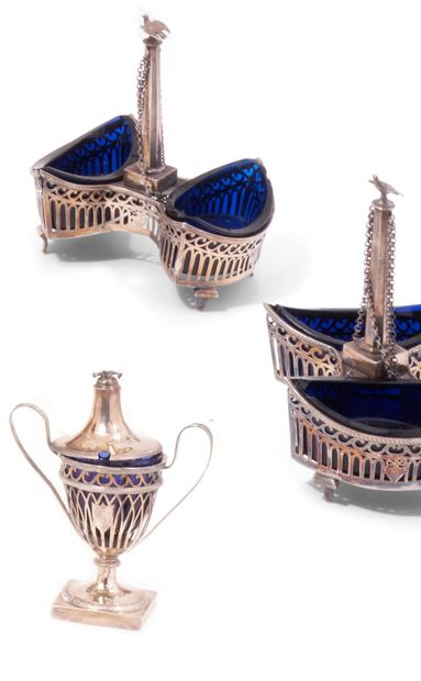 null Pair of double salerons and a covered mustard pot, monogrammed, with openwork...