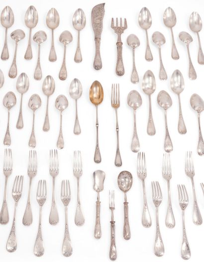 null Set of fourteen forks and eighteen table spoons, eight dessert spoons and seven...