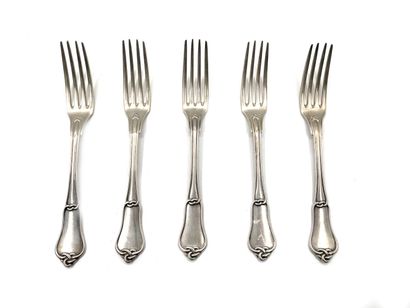 null Five silver forks 950 thousandths Gordian knot model, monogrammed.
MINERVE,...