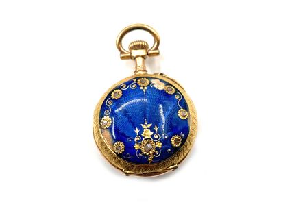 null Yellow gold 750 thousandths collar watch, blue enamelled back with radiating...