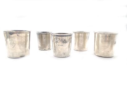 null Five plain silver goblets 950 thousandths, four with threaded necks, monogrammed...