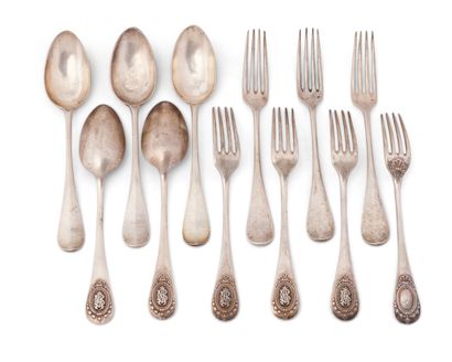 null Seven forks and five spoons in 950-millimeter silver, baguette pattern, monogrammed...